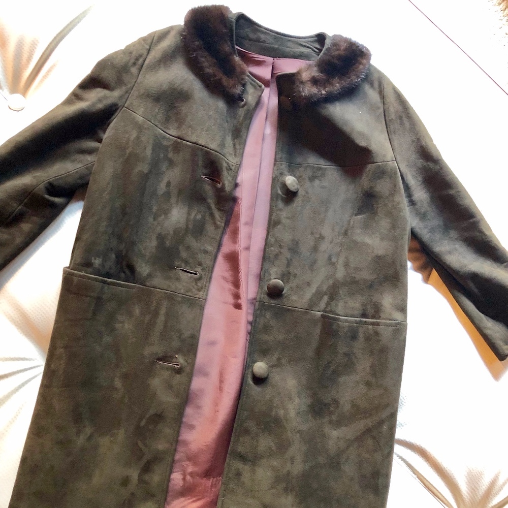 Vintage Dark Green Suede Car Coat with Fur Collar